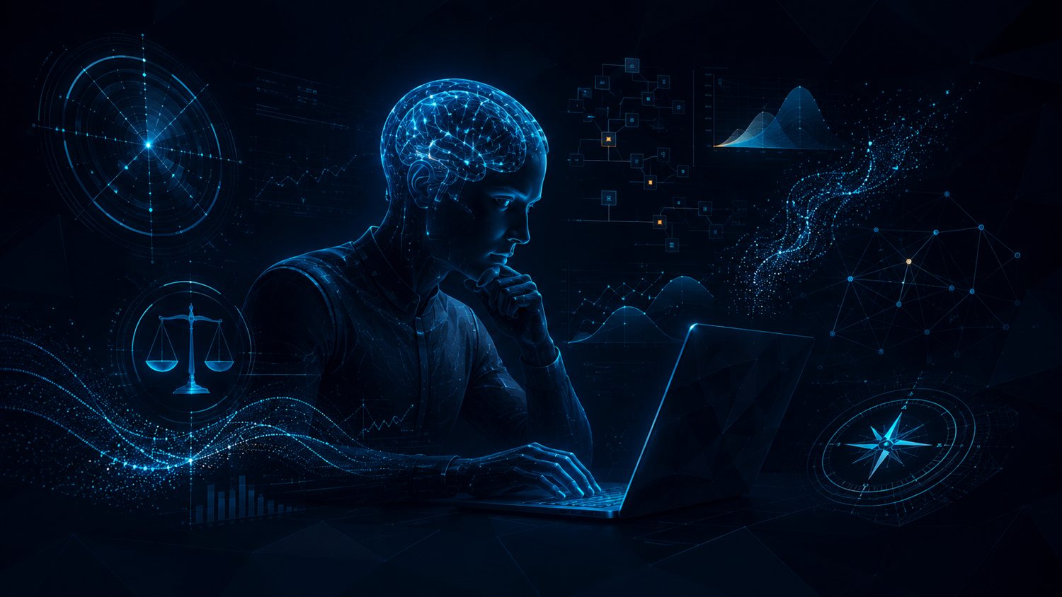 Futuristic analyst using a laptop amid holographic risk and analytics interfaces