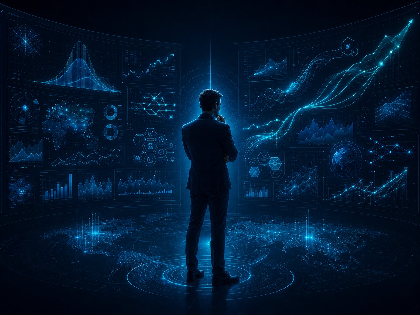 A decision-maker reading risk and opportunity across live analytics dashboards