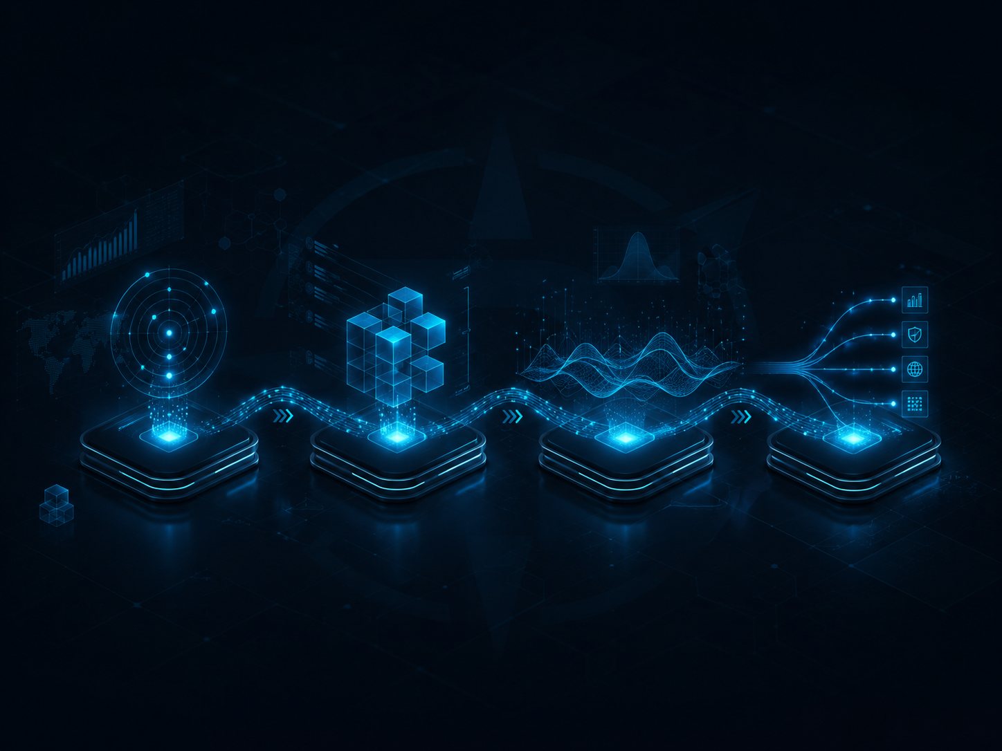 The four stages as a working pipeline — sense radar, model blocks, stress-test waves, extended outputs